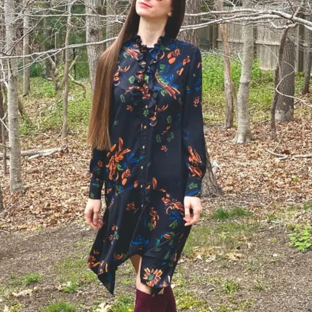 Tory Burch Black Floral Asymmetric Shirt Dress Size 0 Mini Career Designer $498 - Picture 8 of 11